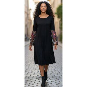 MSK Black Dress with Flared Embroidered Sleeves, Small